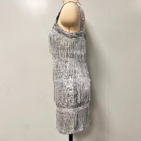 silver Fringe Trim Sequin Cami Mini Dress - Picture 3 of 4